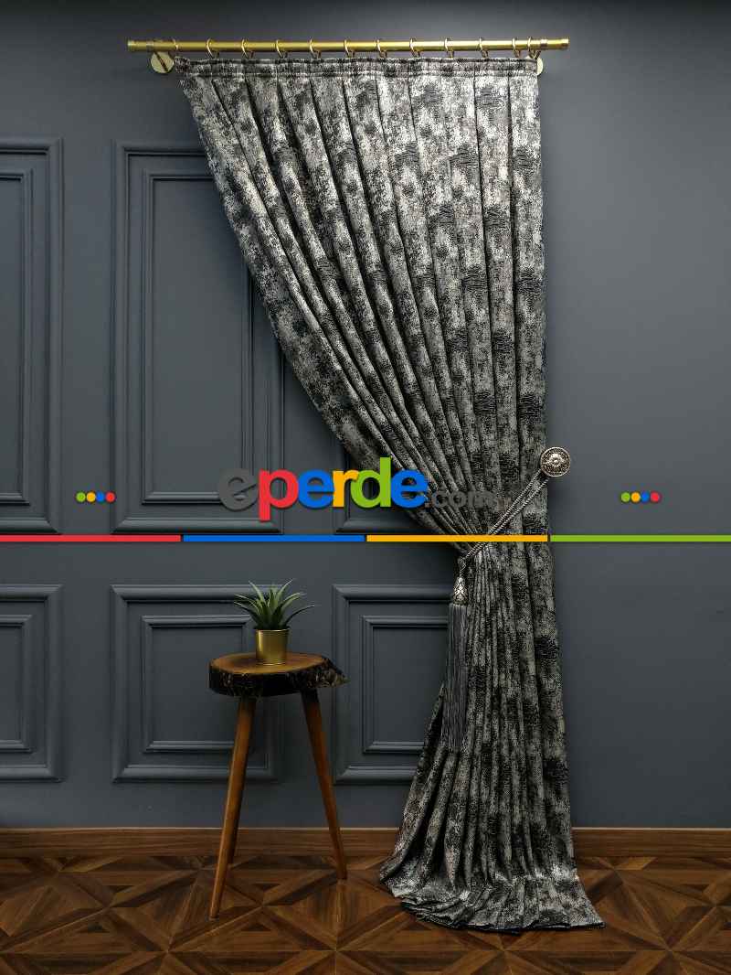 Salon Perdesi - Modern Desenli Jakarlı Fon Perde Yeni Seri 401- Gri-Füme-Antrasit
