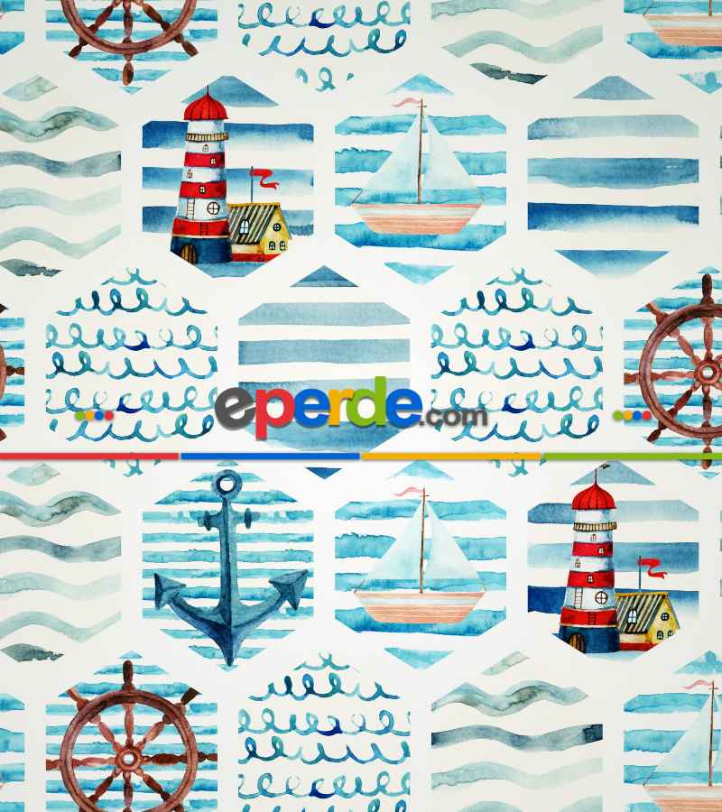 Deniz Feneri Baskılı Stor Perde- Yeşil-mavi-beyaz