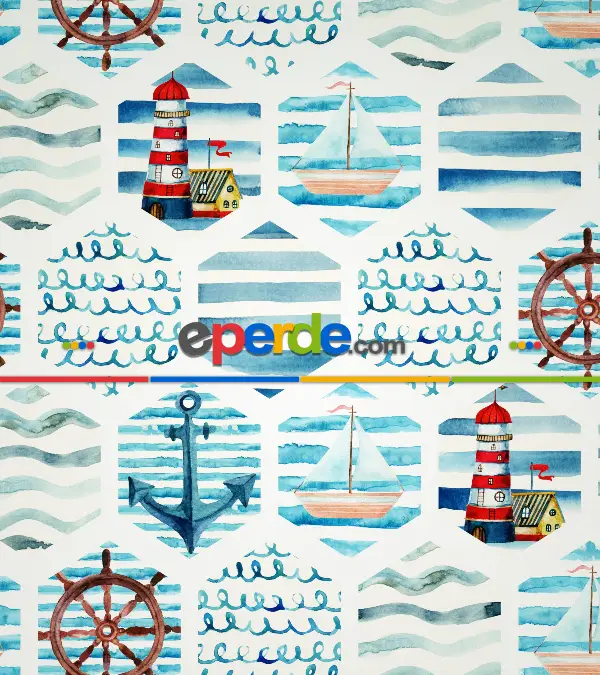 Deniz Feneri Baskılı Stor Perde- Yeşil-mavi-beyaz