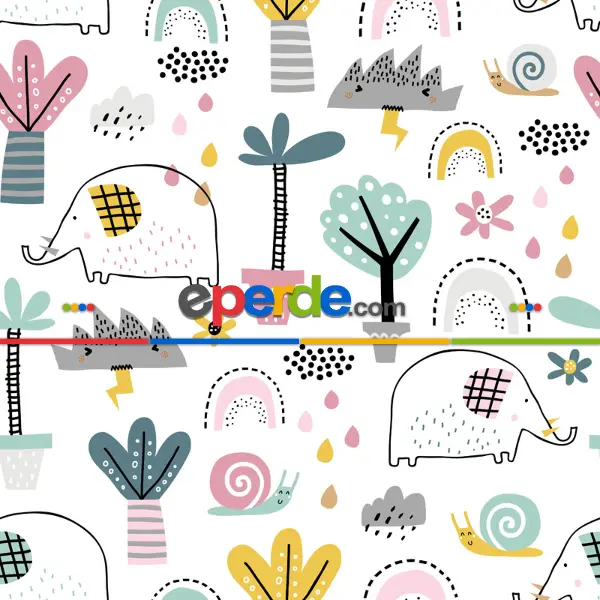 Bebek Odası Fon - Çizim Fil Desenli Fon Perde Evm812 Kumaşı Kalındır Duck Bezi Değildir- Beyaz