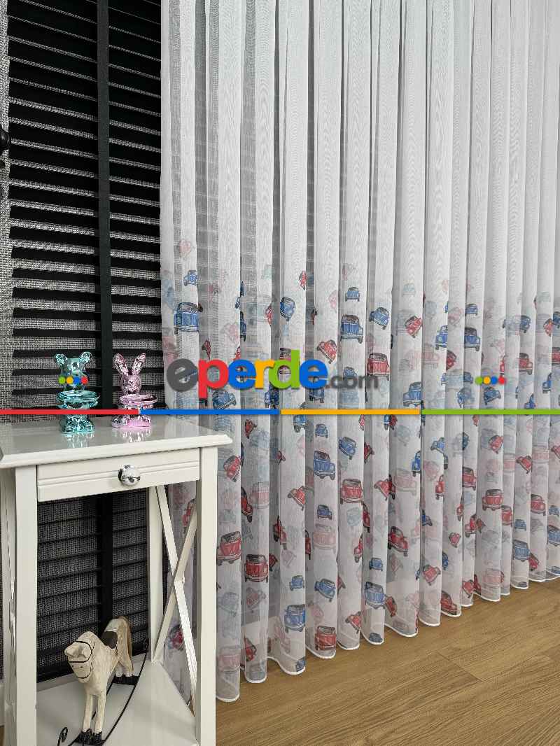 Çok Renkli Araba Desen Baskılı Tül Perde, Çocuk-bebek Odası, Premium Seri
