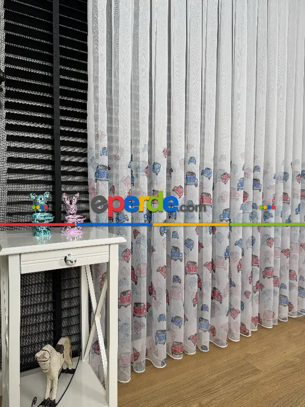 Çok Renkli Araba Desen Baskılı Tül Perde, Çocuk-bebek Odası, Premium Seri