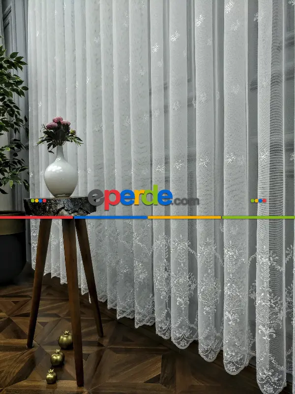 Salon Tül Perde - Grek Brode İşlemeli Yüksek Nakış Kaliteli Yeni Sezon Ürün- Ekru