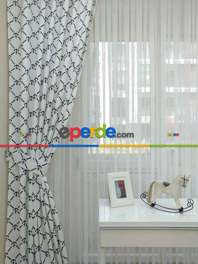 Çocuk Odası Fon - Çapa Denizci Desenli Fon Perde Modelleri- Siyah