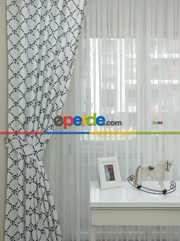 Çapa Denizci Desenli Erkek Bebek Ve Çocuk Odası Fon Perde Modelleri- Siyah-Beyaz