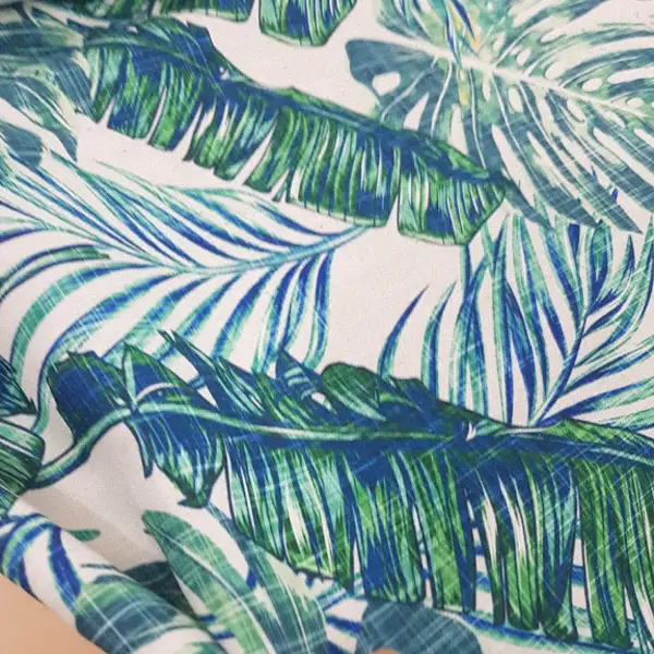 Salon Fon - Tropikal Yaprak Desenli Fon Perde Evm1120 Kumaşı Kalındır Duck Bezi Değildir- Yeşil-Beyaz- Çok Renkli 3