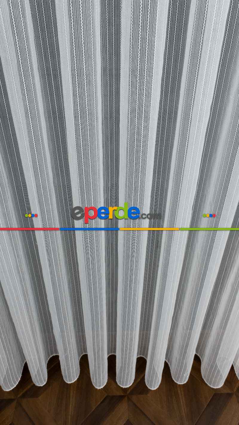 Mutfak - Tek Makarna Boyuna Çizgili Tül Perde Ekru Dolgulu- Ekru