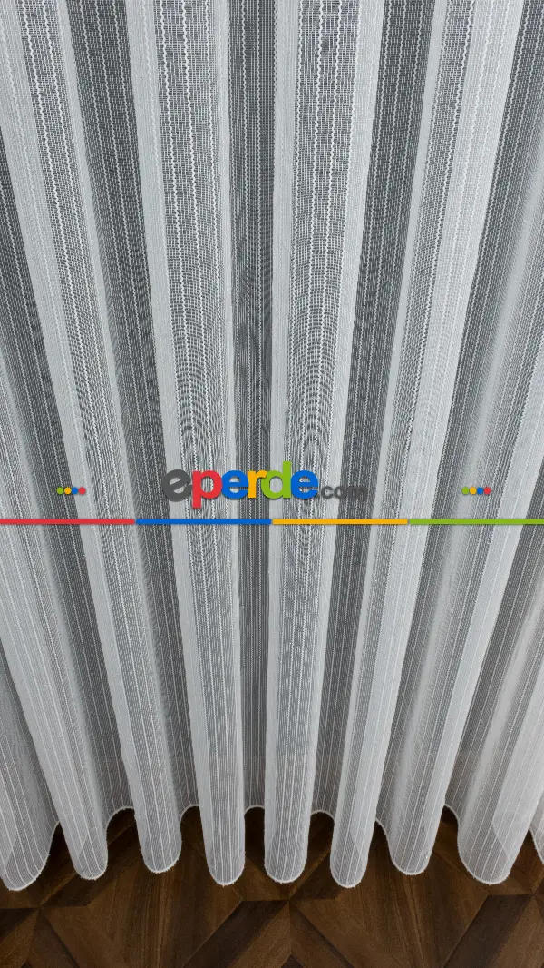 Tek Makarna Boyuna Çizgili Tül Perde Ekru Dolgulu- Ekru - Kurşunlu Tül