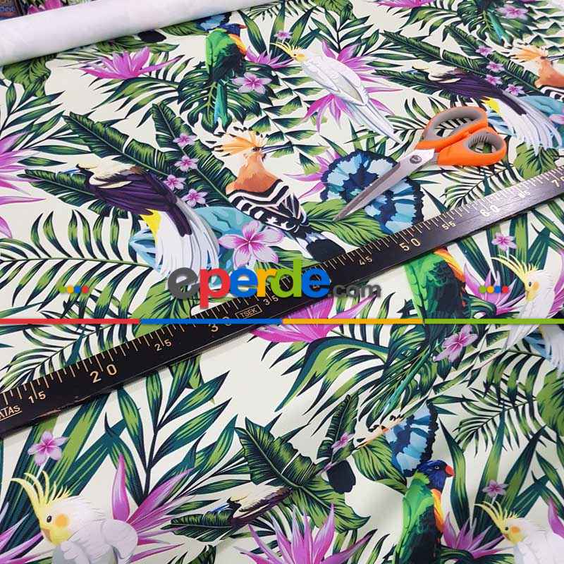Papağan Ve Tropikal Desenli Fon Perde Evm1093 Kumaşı Kalındır Duck Bezi Değildir- Yeşil-Beyaz