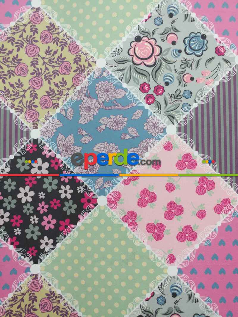 Patchwork Desenli Bebek Ve Çocuk Odası Fon Perde Modelleri- Beyaz-Pembe-Mor