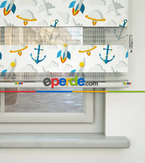 Çocuk Odası Zebra Perde - Çapa Baskılı Zebra Perde- Mavi-Sarı-Beyaz