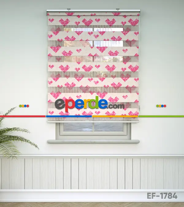 Çocuk Odası Zebra - Kalp Desenli Baskılı Zebra Perde- Pembe