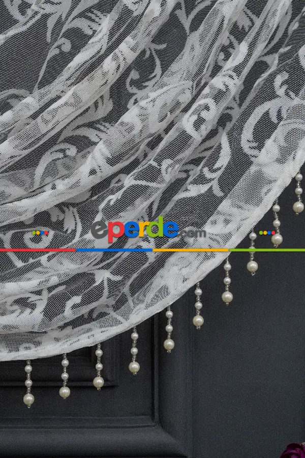 Beyaz Sarmaşık Desen Tül Kruvaze Yanki Tül