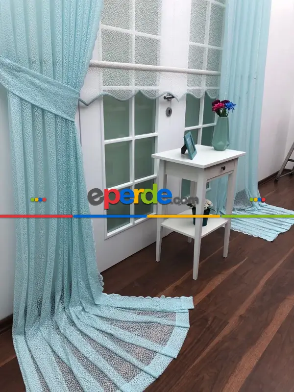 Turkuaz Düz Tül Kombinli Fon Perde Tül Stor Kod:14216- Turkuaz