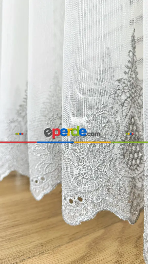 Ekru Etek Ucu Özel İplik Gri Damask Brode İşlemeli Tül Perde - Ağır Gramajlı Premium Nakışlı