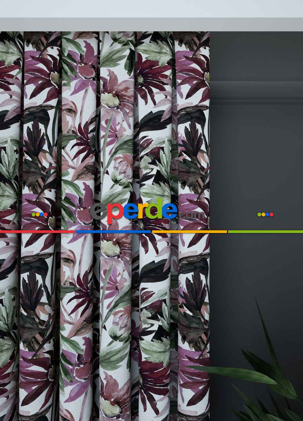 Dökümlü Kumaştan Geniş En Yeşil Mürdüm Çiçek Desen Perde 1. Kalite