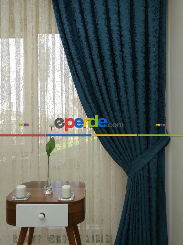 Petrol Rengi Kendinden Desenli Jakar Fon Perde (285 En)- Petrol Mavisi