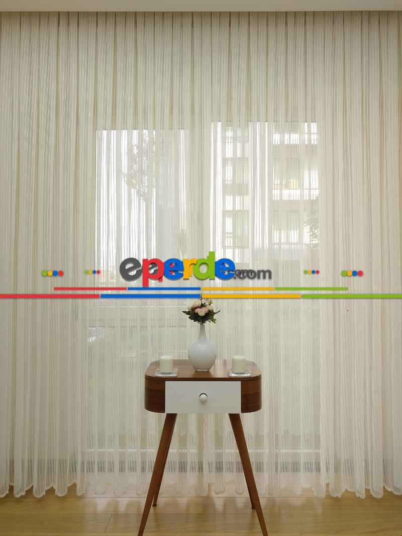 Çizgili Örme Jakarlı Tül Perde Kırık Beyaz