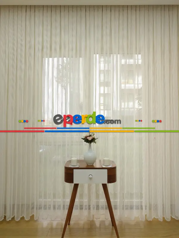 Çizgili Örme Jakarlı Tül Perde Kırık Beyaz