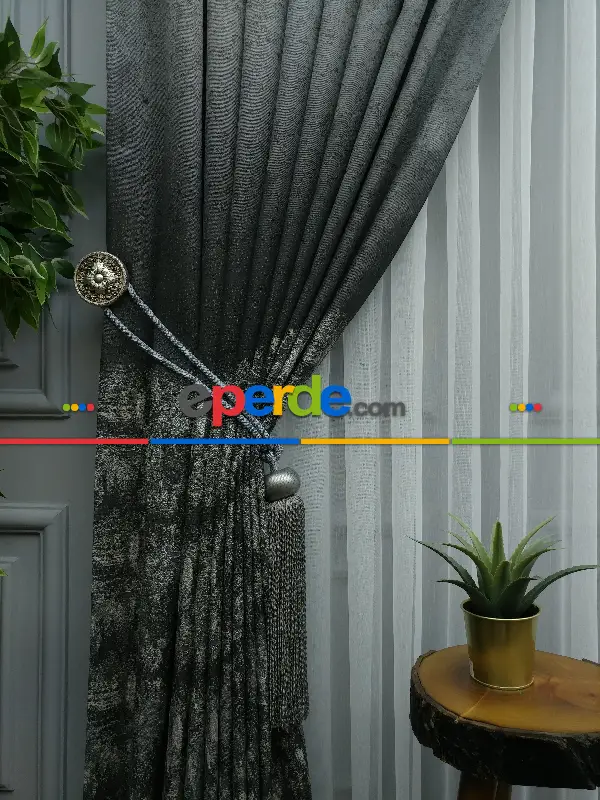 Yatak Odası - PatineDesenli Gri Jakar Fon Perde (180)- Gri
