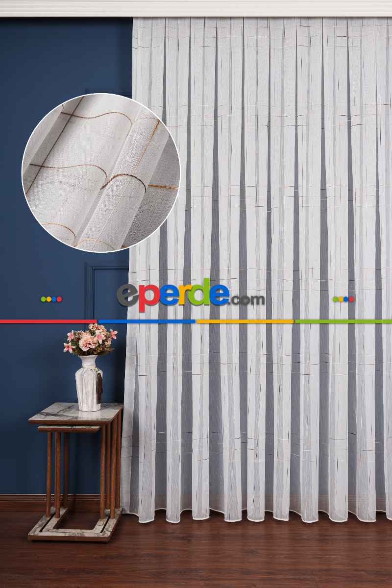 Salon Tül Modelleri - Bambu Zemin Geometri Nakış İşlemeli Tül Perde