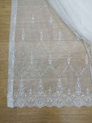 %60 İndirimli - Nakış İşlemeli Desenli Tül Perde - Ütü İstemez- Ekru