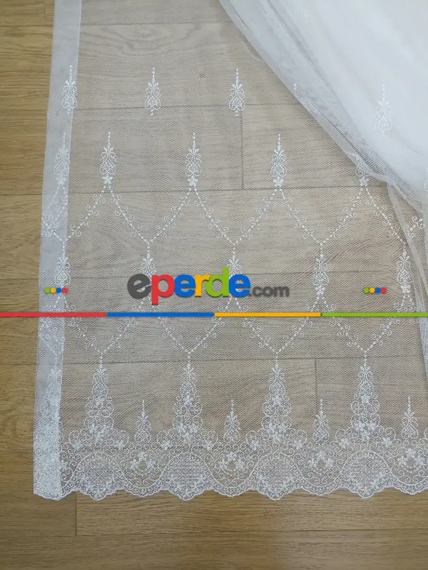 %60 İndirimli - Nakış İşlemeli Desenli Tül Perde - Ütü İstemez- Ekru