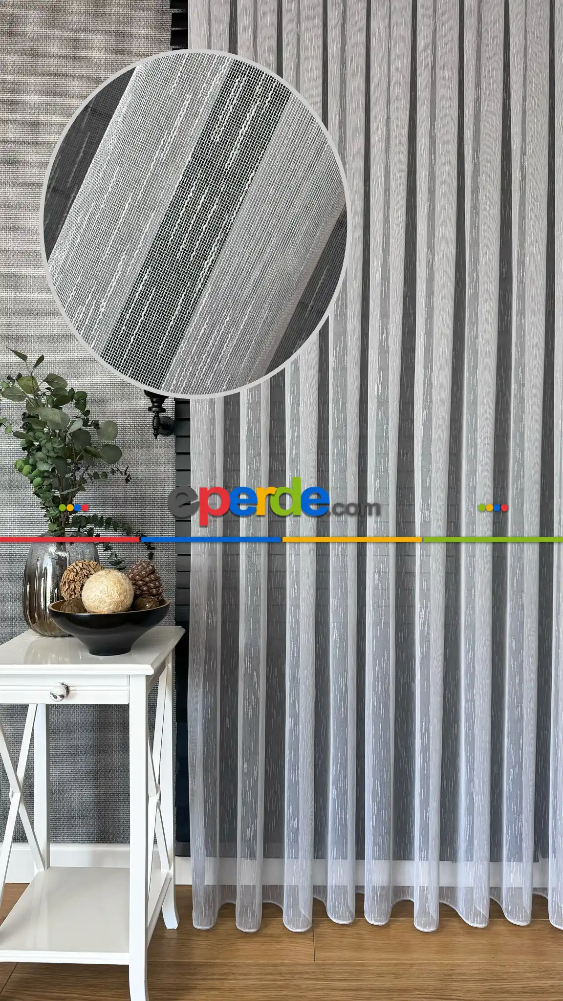 Bebek Odası Tül Perde - Açık Gri Çizgili Naturel Keten Düz Tül Perde - Premium Kalite Serisidir, Eteği Kurşunlu Tül