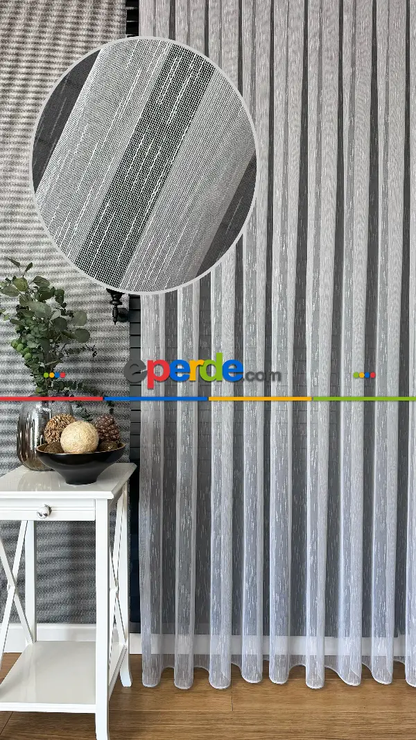 Bebek Odası Tül Perde - Açık Gri Çizgili Naturel Keten Düz Tül Perde - Premium Kalite Serisidir, Eteği Kurşunlu Tül