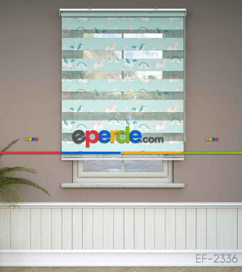 Unicorn Desenli Baskılı Zebra Perde- Çok Renkli