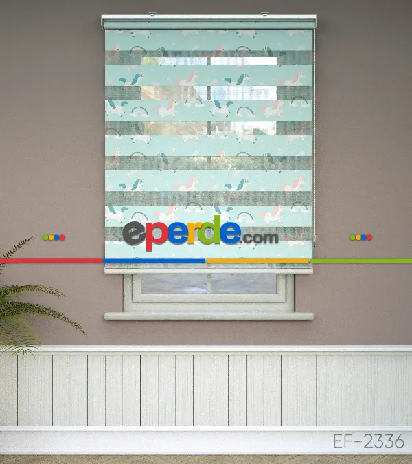 Unicorn Desenli Baskılı Zebra Perde- Çok Renkli