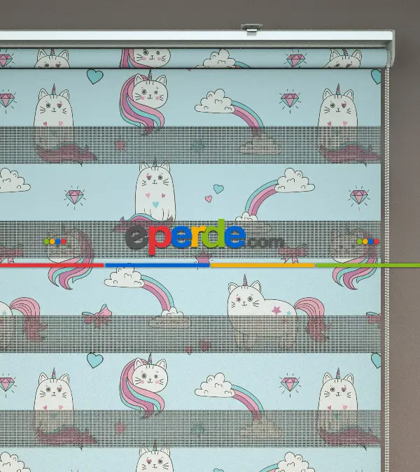 Unicorn Desenli Baskılı Zebra Perde- Çok Renkli