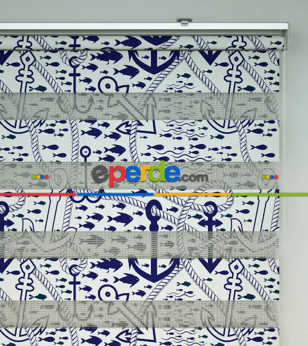 Çapa Baskılı Zebra Perde- Mavi-beyaz