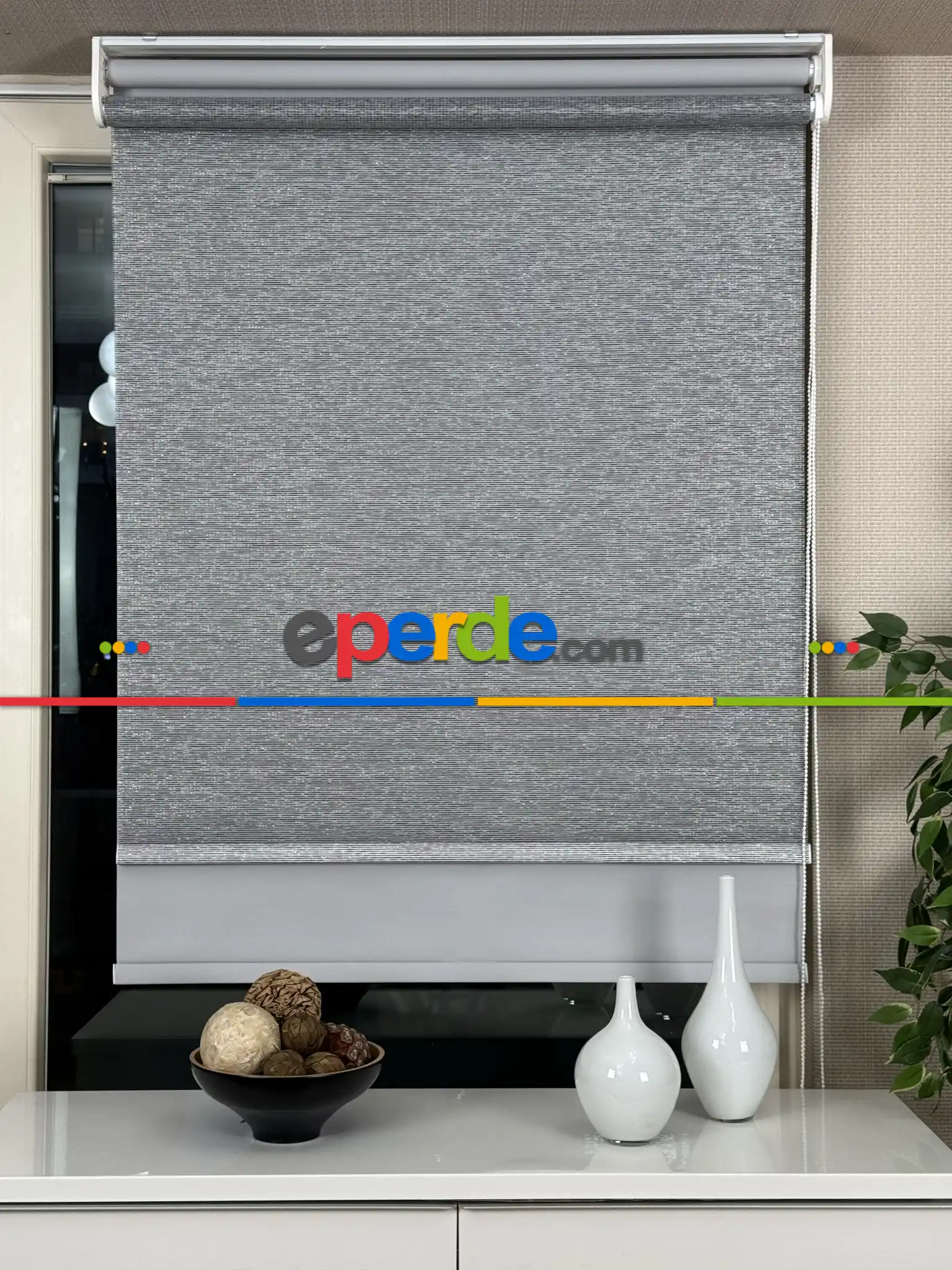 Gri Antrasit Simli Çiftli Sistem Tül Stor Perde, Standart Metal Kasalı Yüksek Kalite Kornişe Kolay Montaj Seçenekli