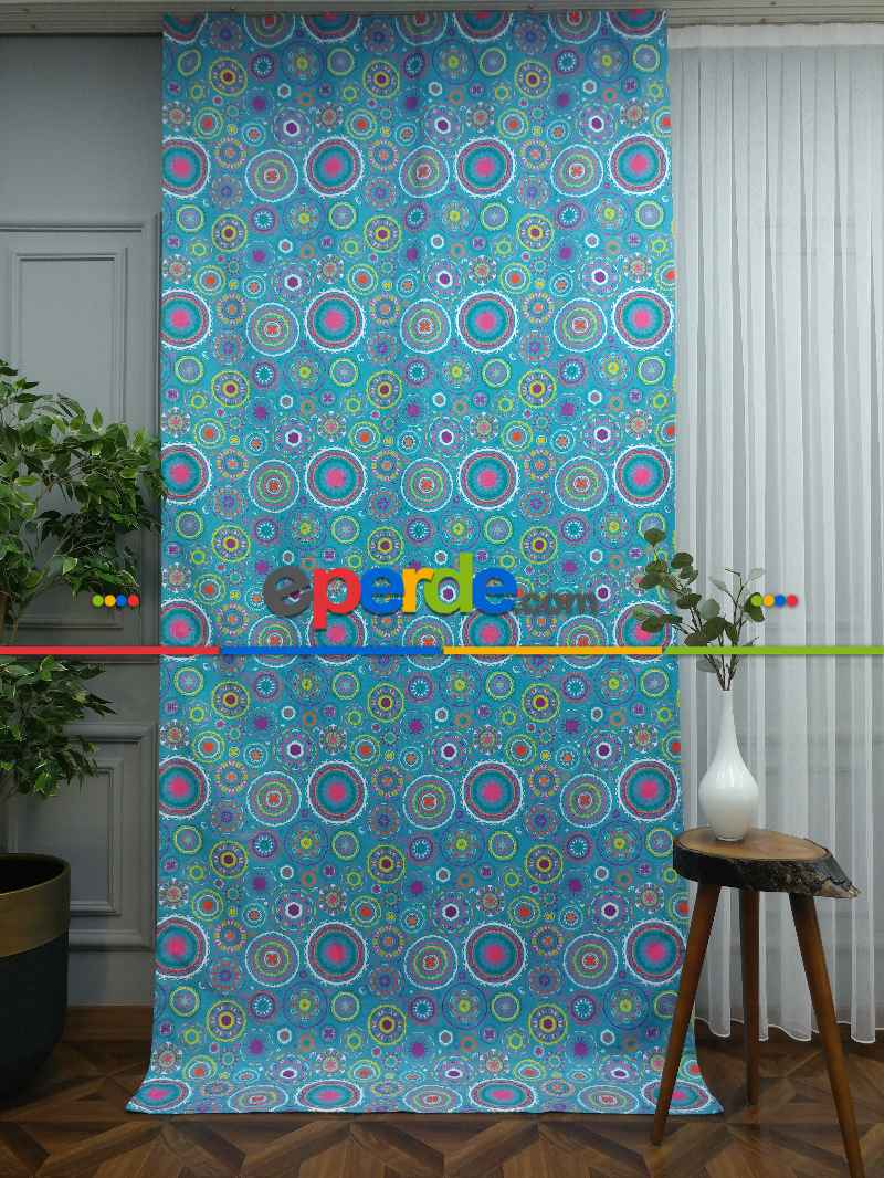 Osmanlı Mutfak Perdesi Kanat Fon Perde Desenli- Mavi