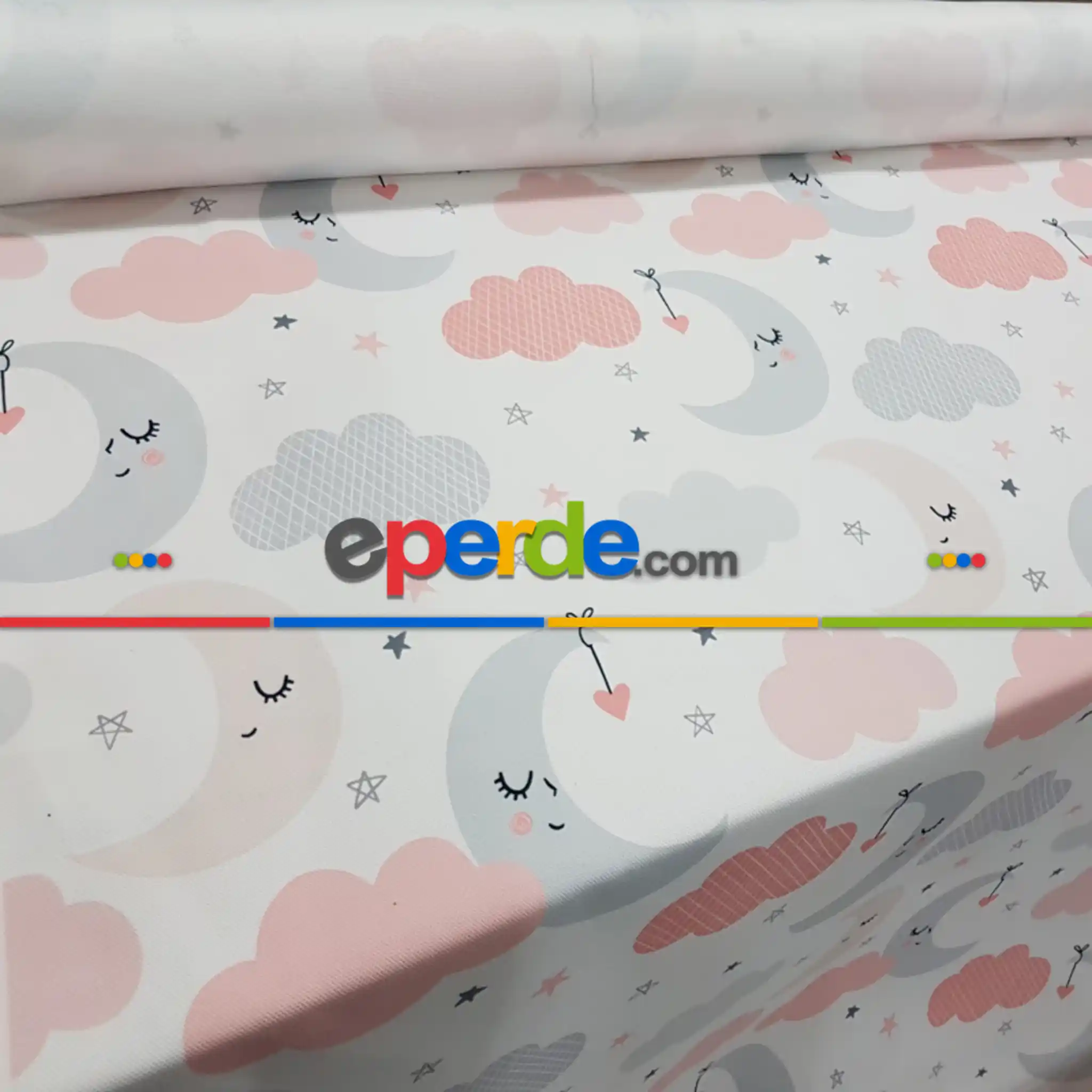 Bebek Odası Fon - Bulutlu Gece Desenli Fon Perde Evm603 Kumaşı Kalındır Duck Bezi Değildir- Gri-Füme-Antrasit-Pembe