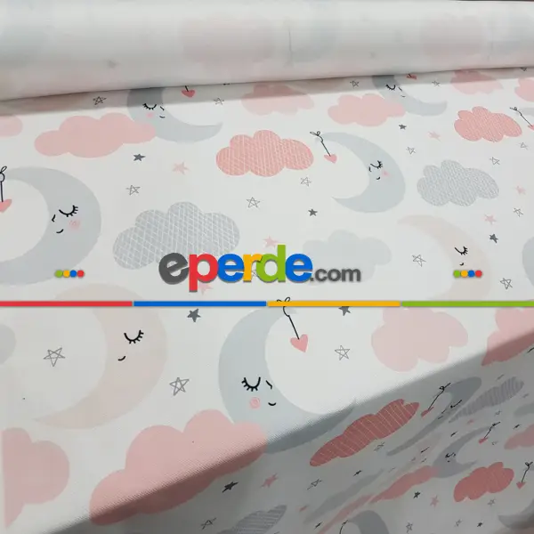 Bebek Odası Fon - Bulutlu Gece Desenli Fon Perde Evm603 Kumaşı Kalındır Duck Bezi Değildir- Gri-Füme-Antrasit-Pembe