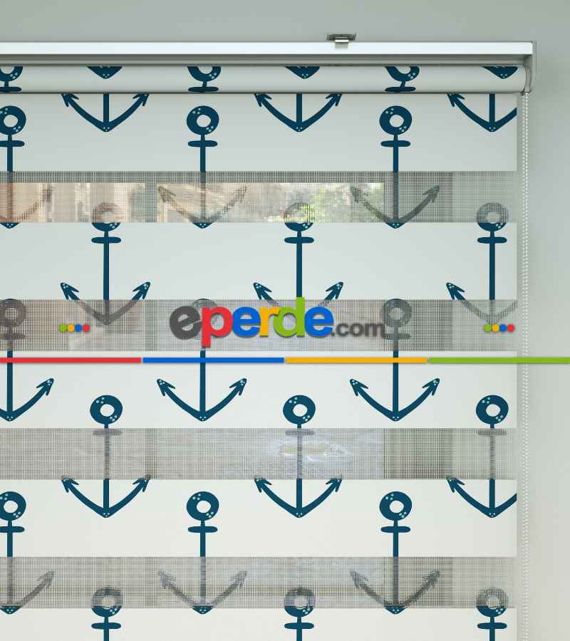 Çapa Desen Baskılı Zebra Perde- Yeşil-mavi