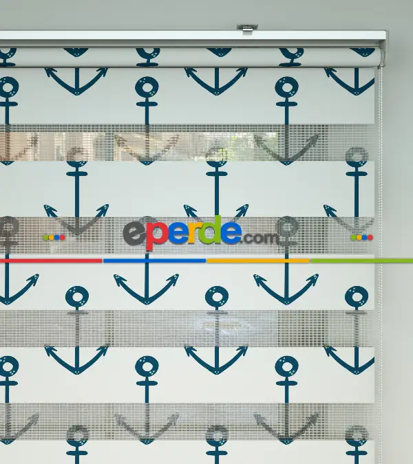 Bebek Odası Zebra Perde - Çapa Desen Baskılı Zebra Perde- Yeşil-Mavi