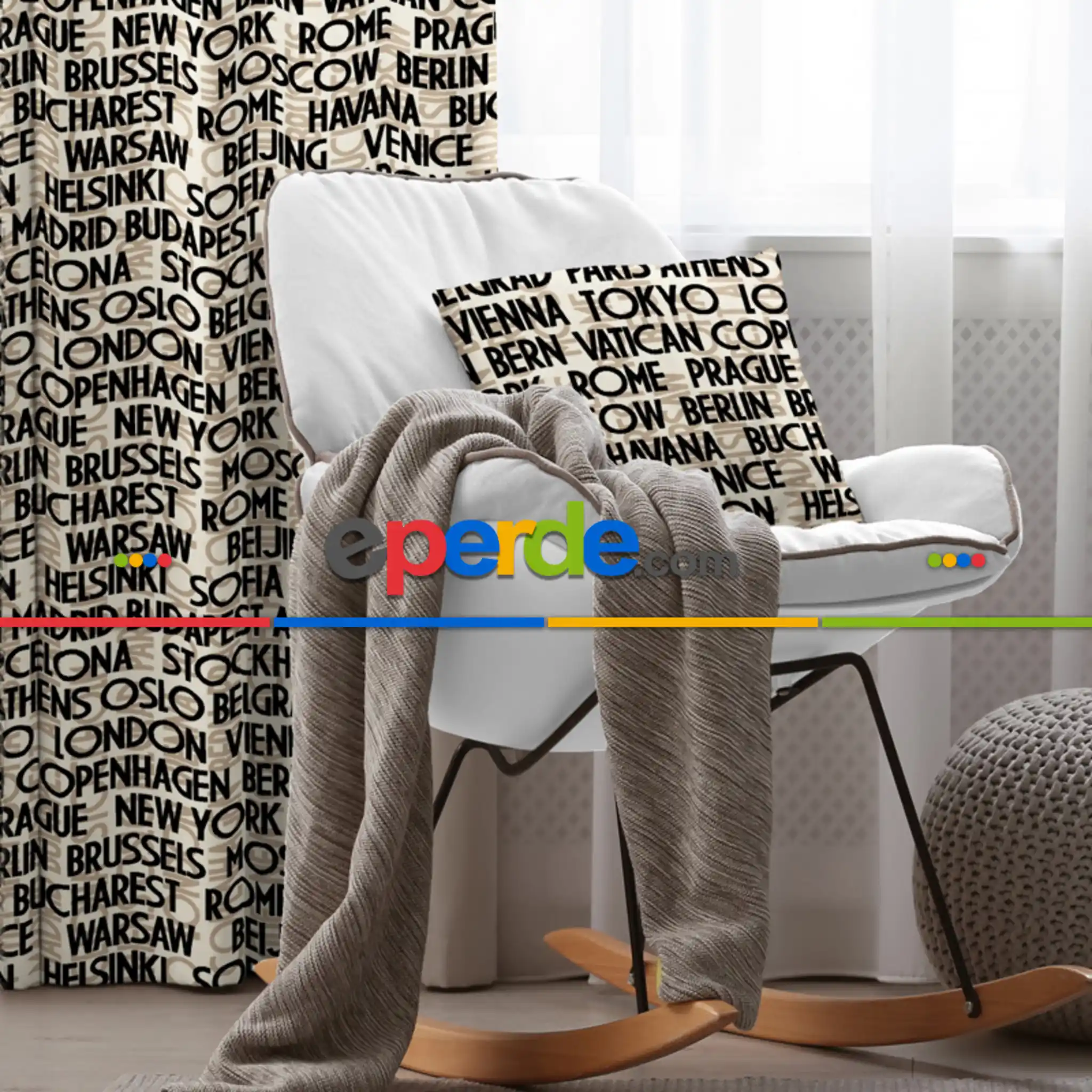 Genç Odası - Yazılı Desenli Fon Perde Evim543 Kumaşı Kalındır Duck Bezi Değildir- Mavi-beyaz