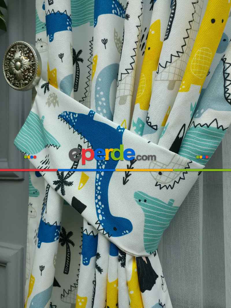 Erkek Çocuk ve Bebek Odası Fon Perde - Dinazor Desenli - Mavi Sarı