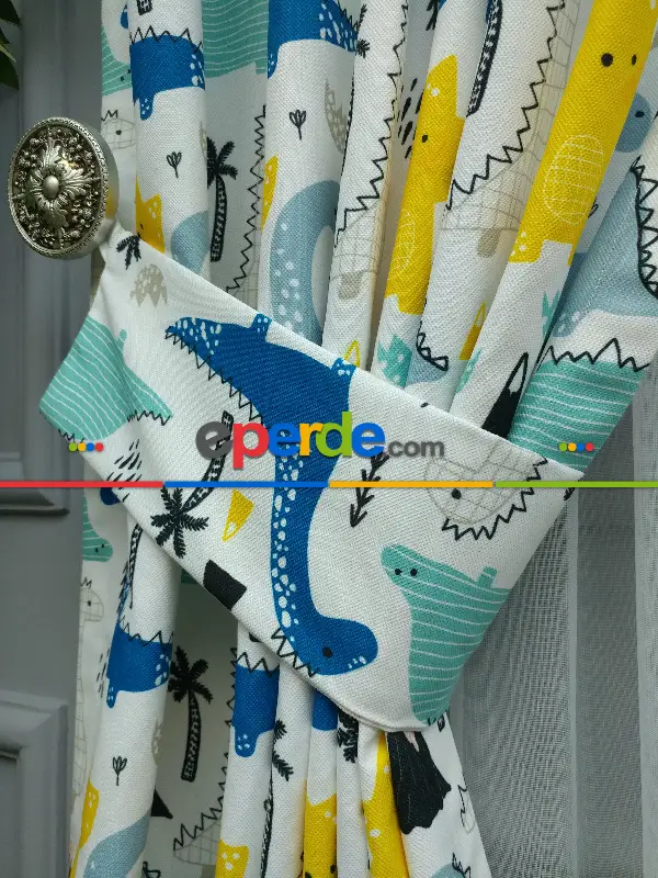 Bebek Odası Fon - Dinazor Desenli Fon Perde Evm499 Kumaşı Kalındır Duck Bezi Değildir- Mavi-Sarı