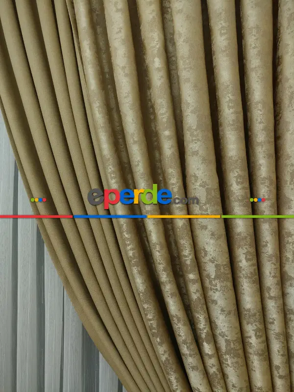 Patine Desenli Açık Kahve Renk Kombinli Desenli Fon Perde- Kahve Açık