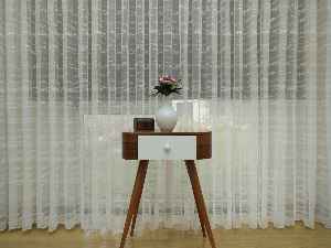 Enine Çizgili Etek Ucu Desenli Tül Perde- Ekru