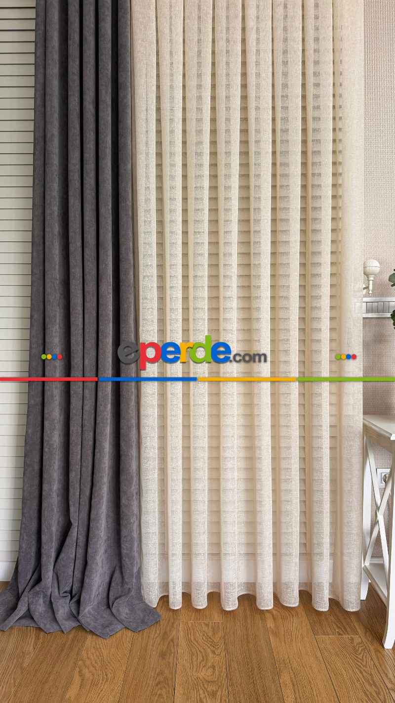 Bej Naturel Keten Düz Tül Perde, Premium Kalite Serisi, Eteği Kurşunlu - Beıge Folded Lınen