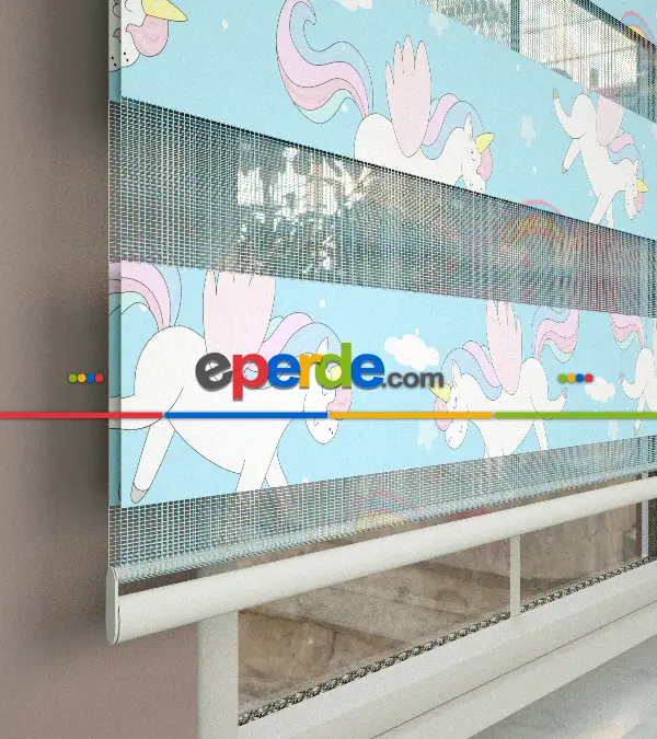 Unicorn Desenli Baskılı Zebra Perde- Çok Renkli