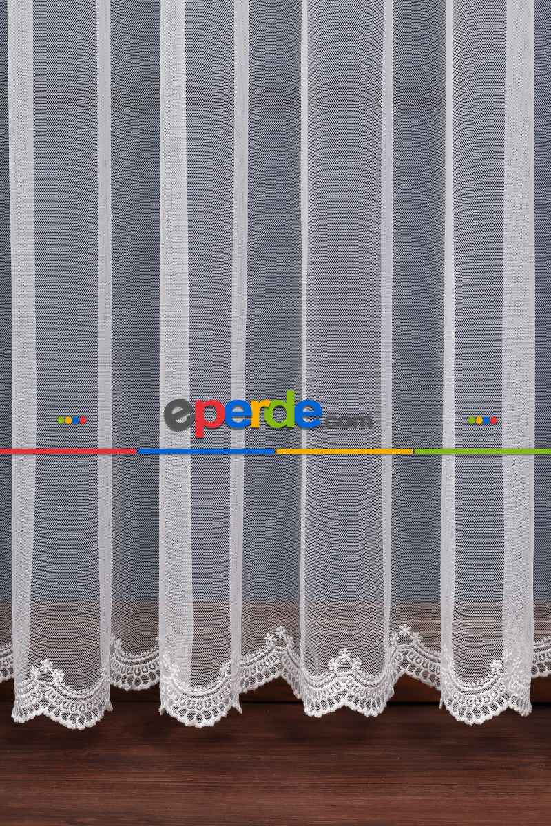 Grek Etek Ucu İşlemeli Nakış Tül Ekru Renk - Kırık Beyaz- Ekru