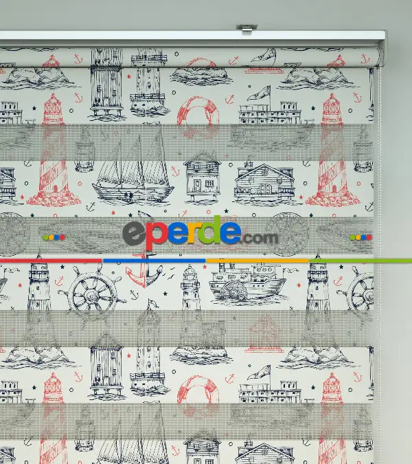 Gemi Ve Deniz Feneri Baskılı Zebra Perde-hatalı- Mavi-kırmızı-beyaz-turkuaz