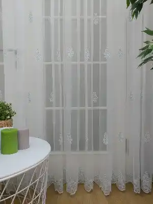 Etek Ucu Koordeneli Nakışlı Tül Perde- Mavi Açık-ekru