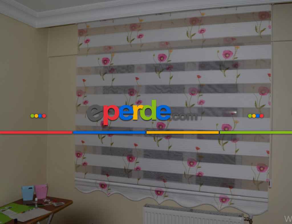 Baskılı Zebra Perde Gelincik Desen- Beyaz-kırmızı Açık-pembe Açık- Çok Renkli 3